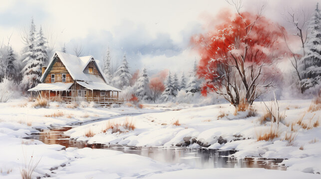 Amidst the stillness of a snow-covered winter evening, a cozy cabin overlooks a frozen creek, basking in the gentle hues of a tranquil sunset, painting a serene picture of solitude and serenity.