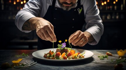 Chef in hotel or restaurant kitchen preparing meal vegetable salad with goat cheese and decorates the food with his hands.