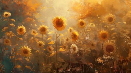 A field of sunflowers in their final bloom, their golden petals complementing the surrounding autumn foliage. - obrazy, fototapety, plakaty
