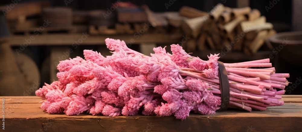 Poster a collection of pink yarn has been neatly stacked on top of a wooden table, creating a colorful and 