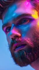 Close-up of a model man with a beard and makeup in a unique and sophisticated style. Gorgeous man in creative makeup with eyelashes and outlined face.