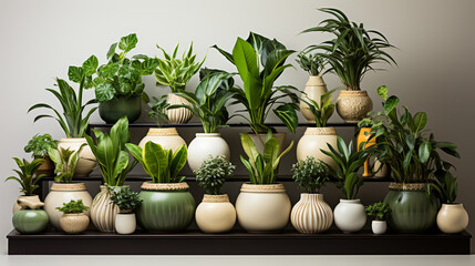 A decorative arrangement of assorted  indoor plants in pots over a white background