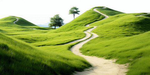 landscape with road green hill and green grass on white background, banner