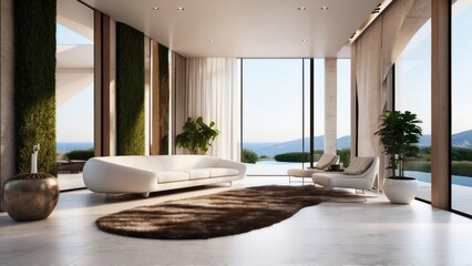 Fototapeta premium Describe the grand entrance of your modern villa, with sleek Italian design, a dramatic foyer, and an immediate view that takes your breath away