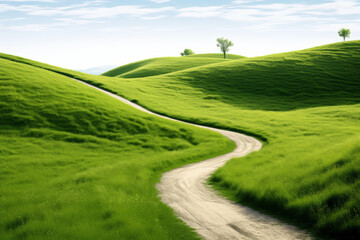 landscape with road green hill and green grass on white background, banner