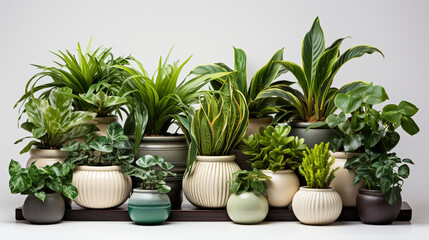 A decorative arrangement of assorted plants in pots over a white background