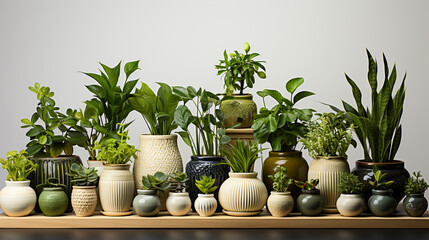 A decorative arrangement of assorted plants in pots over a white background