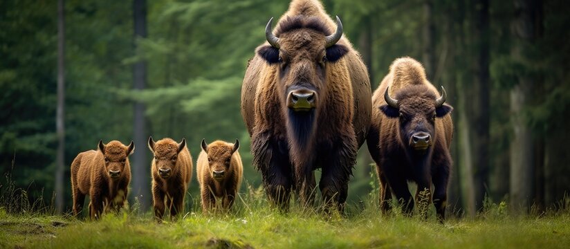 A group of American bisons, large bovid mammals, stand together on a vibrant green field. The bisons appear majestic as they graze on the lush vegetation.