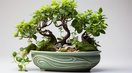 Schilderijen op glas A miniature potted bonsai tree positioned an a spotless background © rai stone