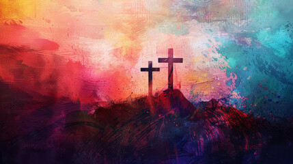 dry brush three crosses in abstract and colorful treatment, on a mountaintop with the center cross being larger that the other two