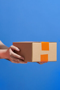 Delivery Man hands holding the parcel box 