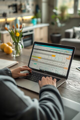 A person uses laptop to plan work and set schedule