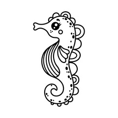 Seahorse vector icon. Cute underwater animal with a curled tail, striped belly, fin. Funny aquarium pet, ocean fish. Hand drawn doodle, black and white clipart. Marine coloring page for kids, babies