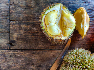 Close-up of durian thai fruit and a prickly fruit pod