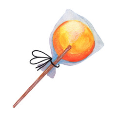 Lollipop watercolor illustration. Yellow caramel on a wooden stick, in a transparent package tied with string. Sweet honey candy, round homemade treat. Hand drawn clipart isolated on white background