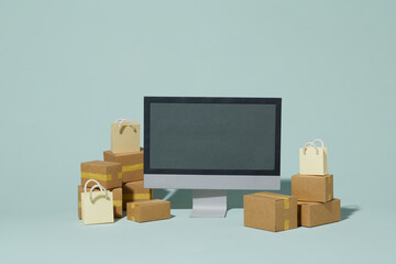 Shopping online. Parcels Paper cartons with computer
