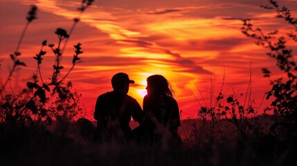 Silhouetted Couple Embracing in the Warm Sunset Glow, Sharing Love and Happiness on a Beach with Nature's Romantic Backdrop - Vector Illustration