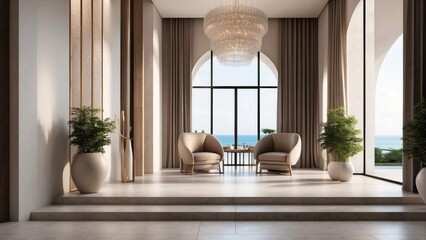 Describe the grand entrance of your modern villa, with sleek Italian design, a dramatic foyer, and...