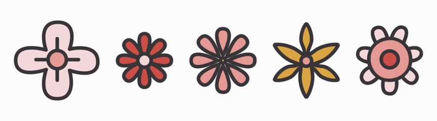 Set of flowers in pink, red and yellow color palette vector illustration