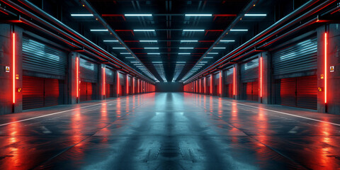 empty warehouse industrial structure with black ceiling in a building, 