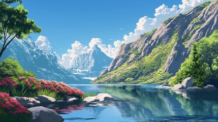 A picturesque mountain scene with a calm river, surrounded by vibrant greenery, against a cloudless blue sky. - obrazy, fototapety, plakaty