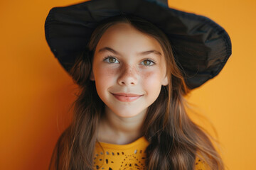 Beautiful little girl in witch costume and black hat on isolated background
