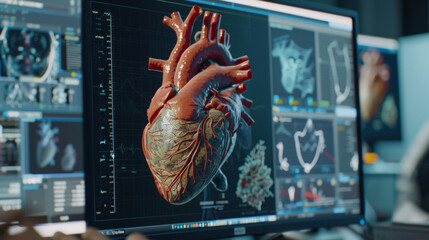 A closeup of a computer screen showing a 3D heart model being manipulated and rotated at different angles for a thorough educational experience. - obrazy, fototapety, plakaty