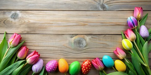 A wooden background with a colorful arrangement of easter eggs and flowers