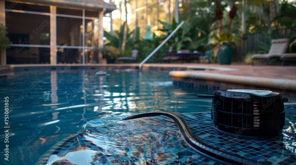 Aufkleber attached to the pool heater is a long coiled cord that connects it to a nearby power source for elec