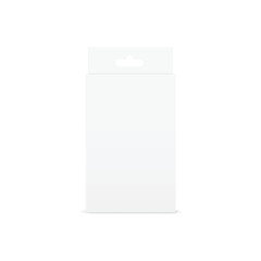 Realistic white box packaging with hanger isolated on white background. vector
