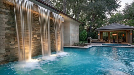 A pristine pool oasis captured in HD, where water cascades down a stylish feature wall, enhancing the ambiance of this luxurious retreat
