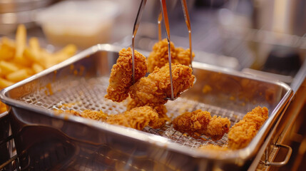 The metal frying basket filled with crispy chicken tenders being lifted out of the deep fryer.
