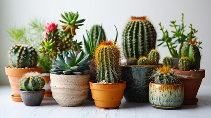 Cactus family in a set of small brown pots displayed on white background