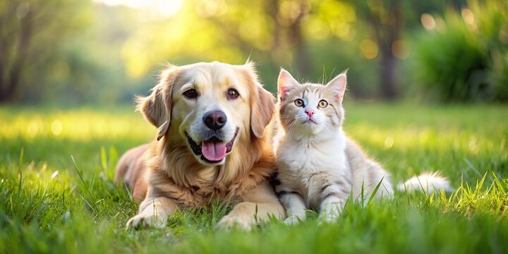 A cat and a dog are laying on the grass together - Powered by Adobe