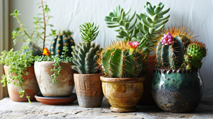 Cactus family in a set of small brown pots displayed on white wall 