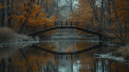 A quaint wooden bridge over a gentle stream, surrounded by trees in their autumn glory, reflecting in the water below.