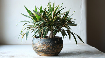 Dracaena plant in a textured brown pot showcased against white spotless background