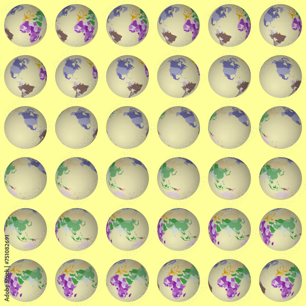 Poster collection of planet globes. slanted sphere view. rotation step 10 degrees. colored countries style.