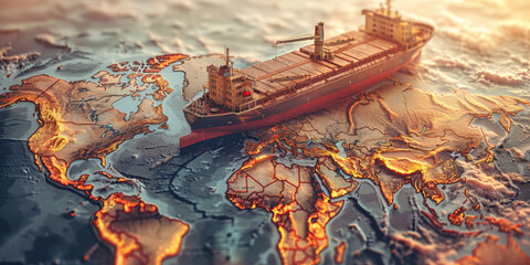 a container ship on top of a map, transportation export import - obrazy, fototapety, plakaty