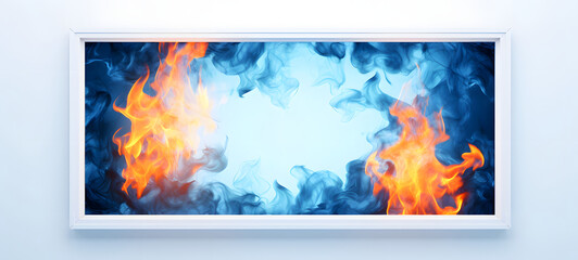 a flaming blank poster frame mockup isolated in white background , ai generative