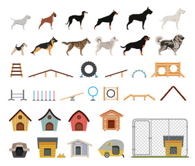 Dogs set color flat icons. Dog training equipment and dog houses.