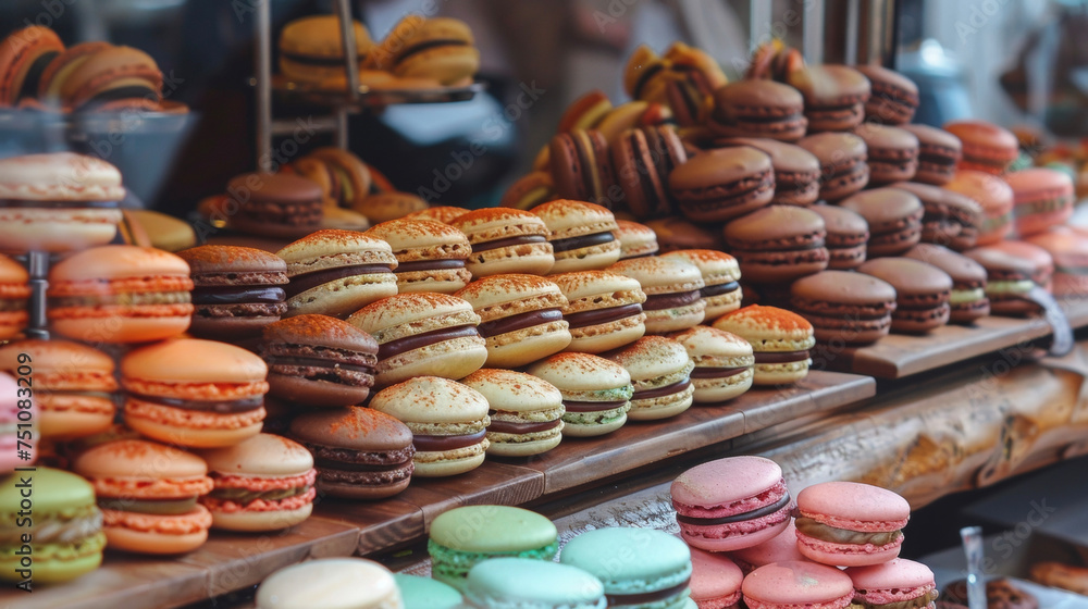 Poster a colorful display of handmade macarons in a variety of flavors arranged neatly on a wooden counter 