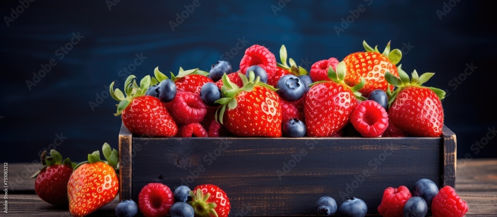 Poster a wooden table holding a crate filled with ripe strawberries and blueberries, creating a colorful an