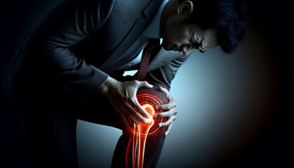 Businessman in pain clutching his knee with glowing red highlights indicating injury or arthritis. - obrazy, fototapety, plakaty