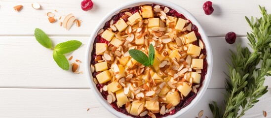 Fototapeta premium A bowl filled with a variety of fruits and nuts, such as pineapple, cranberry, almonds, and crackers, placed on top of a white table.