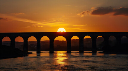 The silhouette of a historic stone bridge s across the horizon as the sun sets behind it.