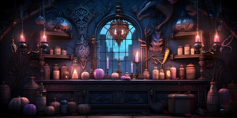 3d illustration of a fantasy room with a lot of magic objects - obrazy, fototapety, plakaty