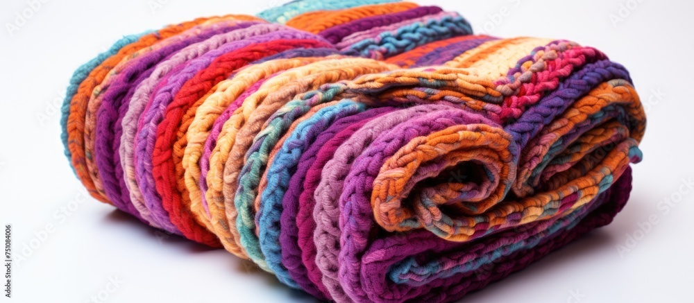 Poster a colorful stack of crocheted blankets is neatly arranged on a white surface. each blanket is rolled
