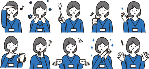 社員証を下げた日本人女性会社員のイラスト素材10点セット