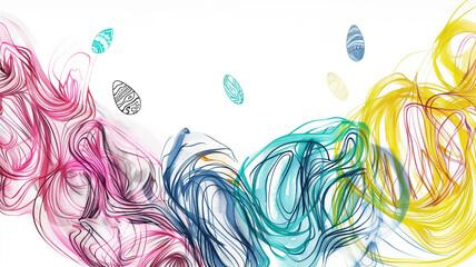 Linhas abstratas fluidas em cores vibrantes com folhas estilizadas flutuando em um fundo branco. - obrazy, fototapety, plakaty